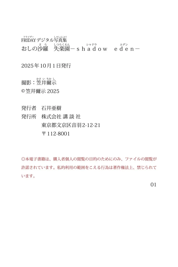 【最新】おしの沙羅　失楽園‐ｓｈａｄｏｗ　ｅｄｅｎ‐　ＦＲＩＤＡＹデジタル写真集